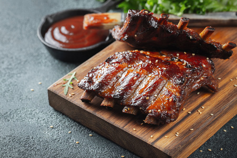 Closeup of pork ribs grilled with BBQ sauce